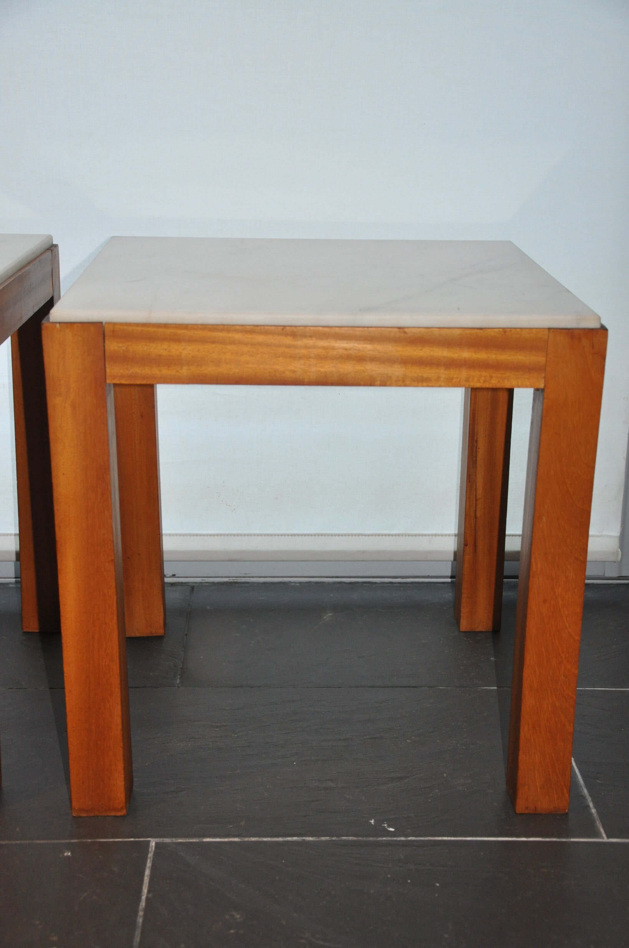 Pair of wooden and marble side tables