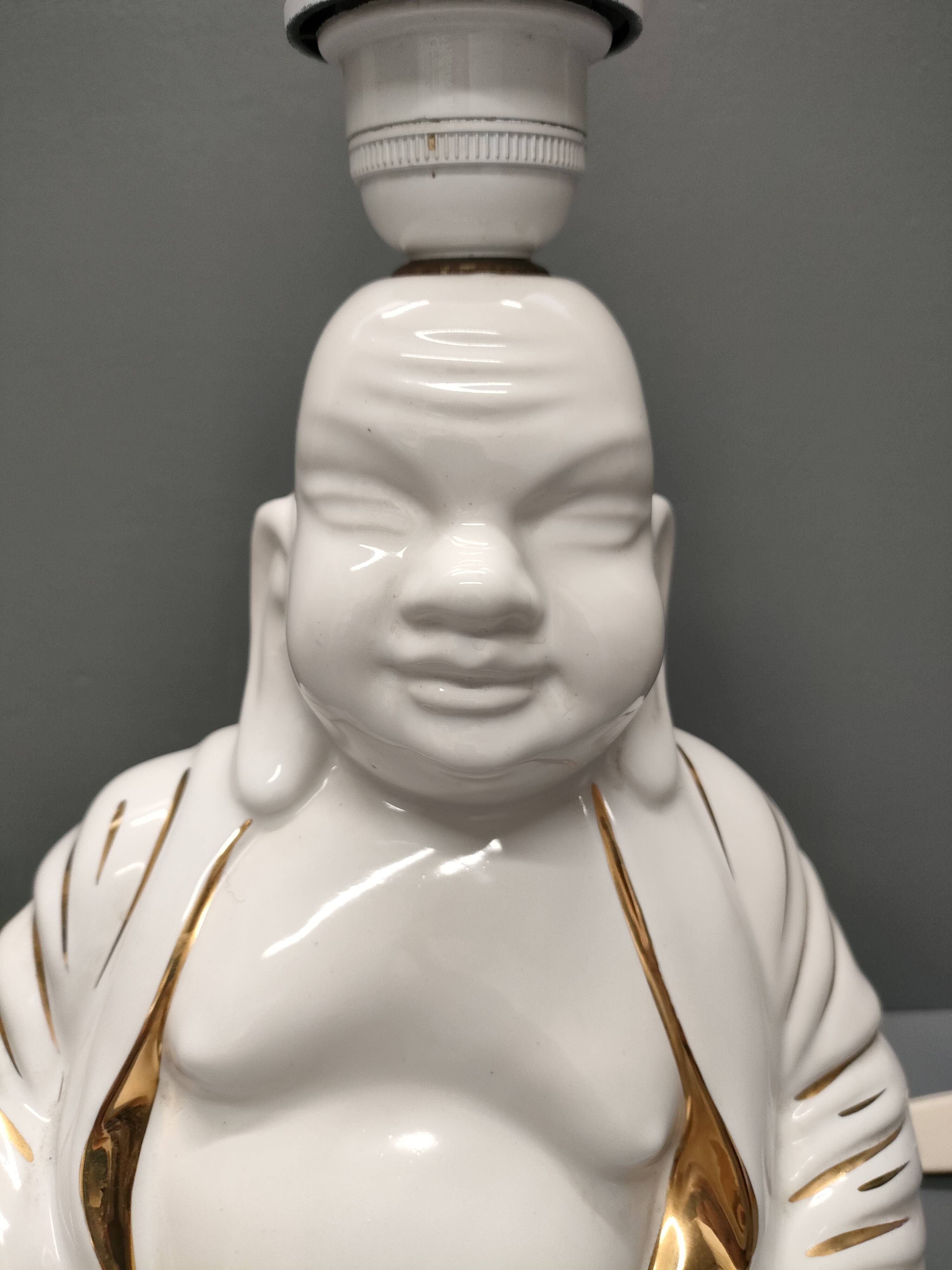 Seated Buddha lamp base ~ glazed and gold white ceramic ~ 80s