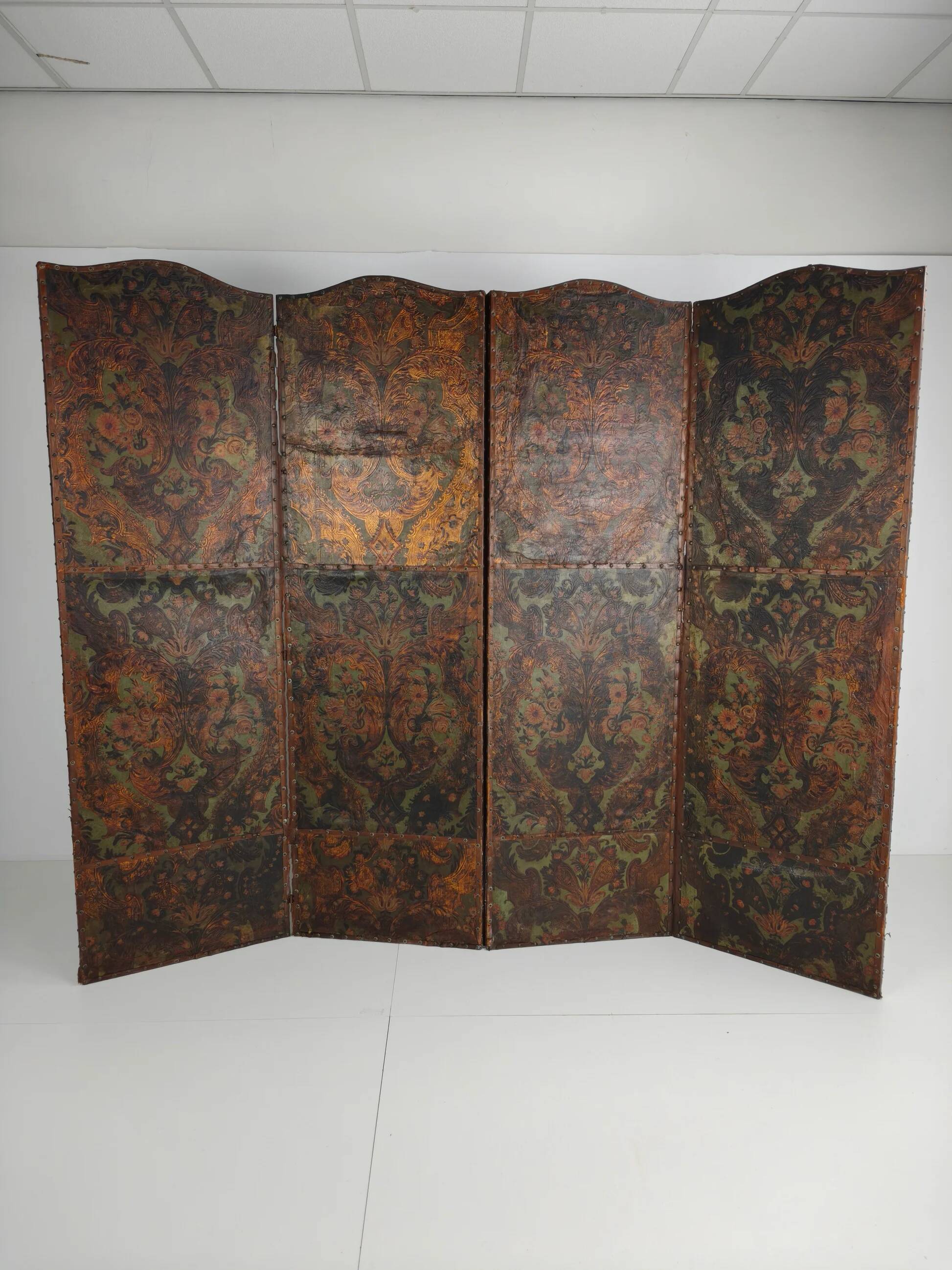 Late 18th-century Belgian embossed leather folding screen – after Daniel Marot