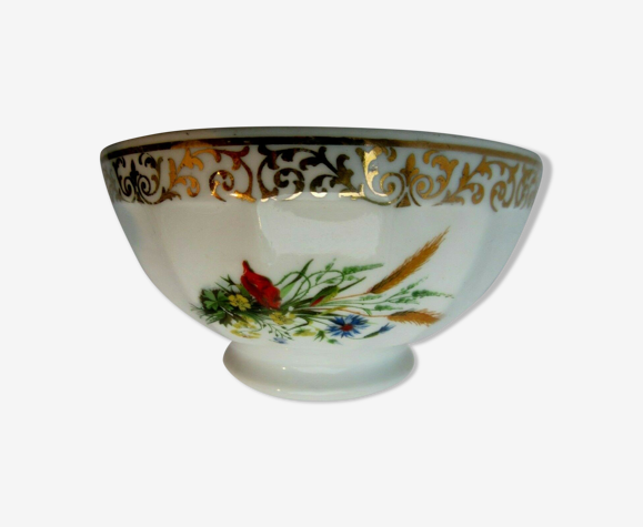 Bol vintage art déco blanc, Limoges, liseré doré et fleurs champêtres: david