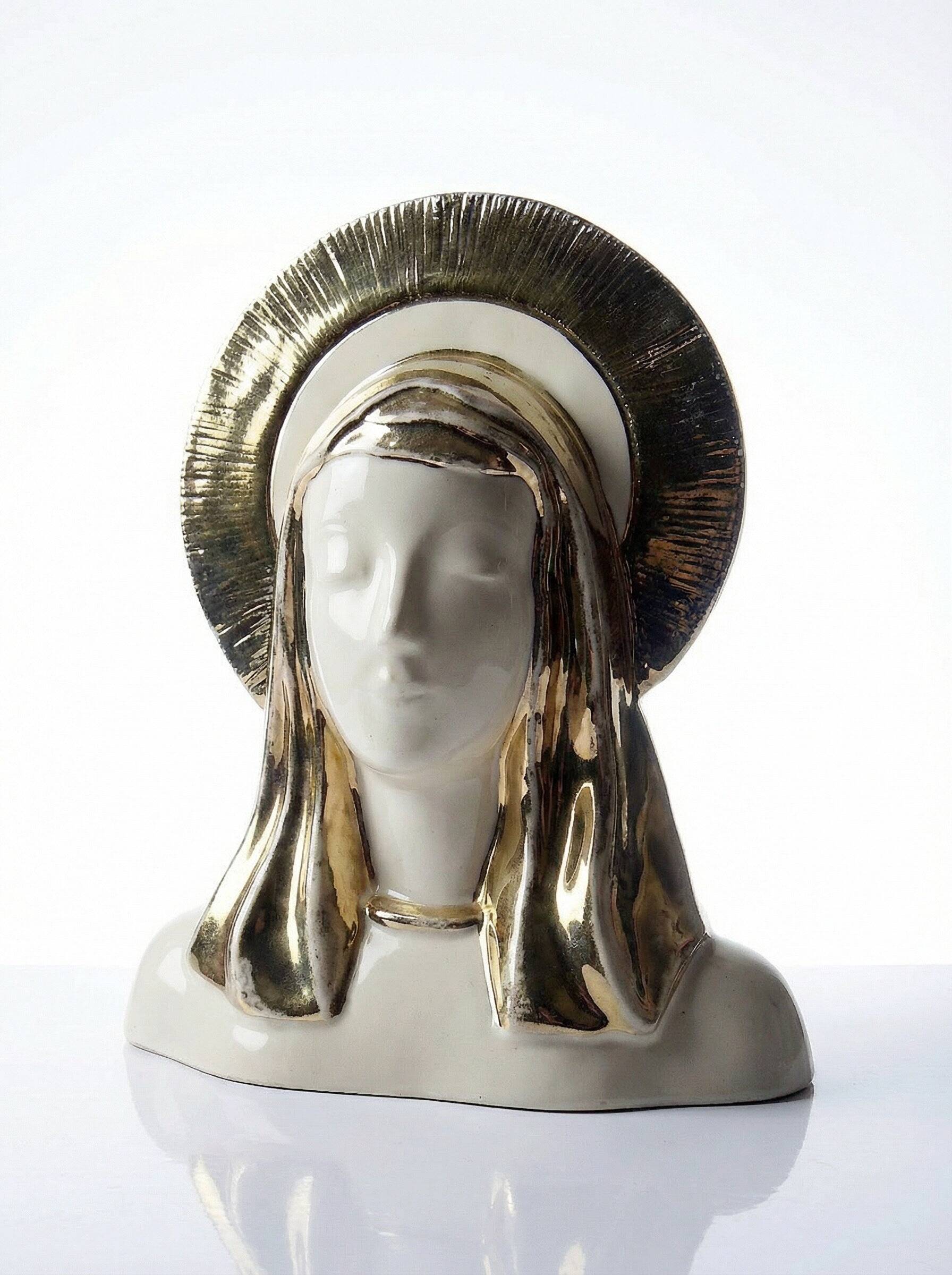 Virgin bust with halo, glazed ceramic, vintage/antique craftsmanship.