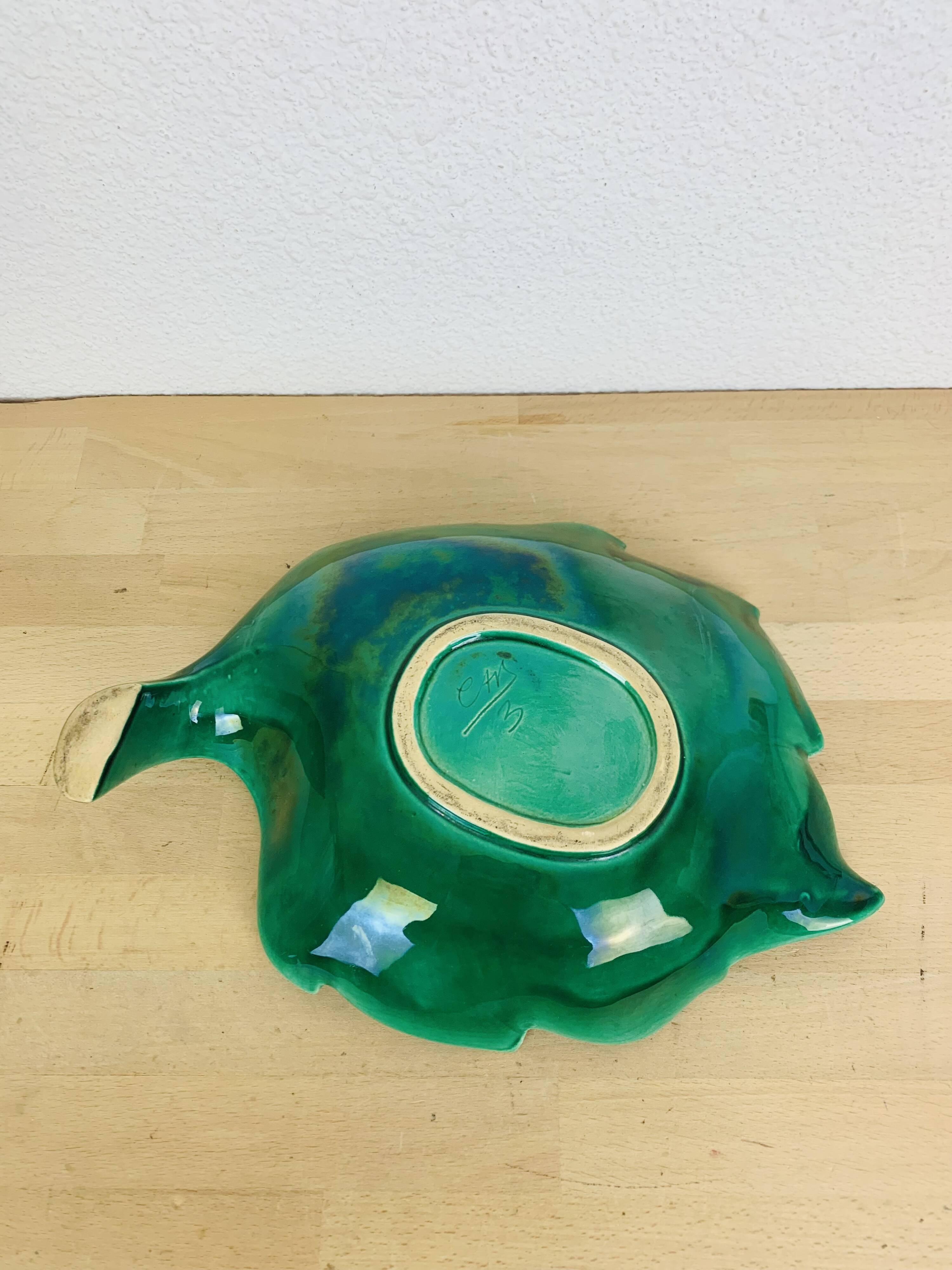 Ceramic cup signed CAB, green leaf, 1950s, slip