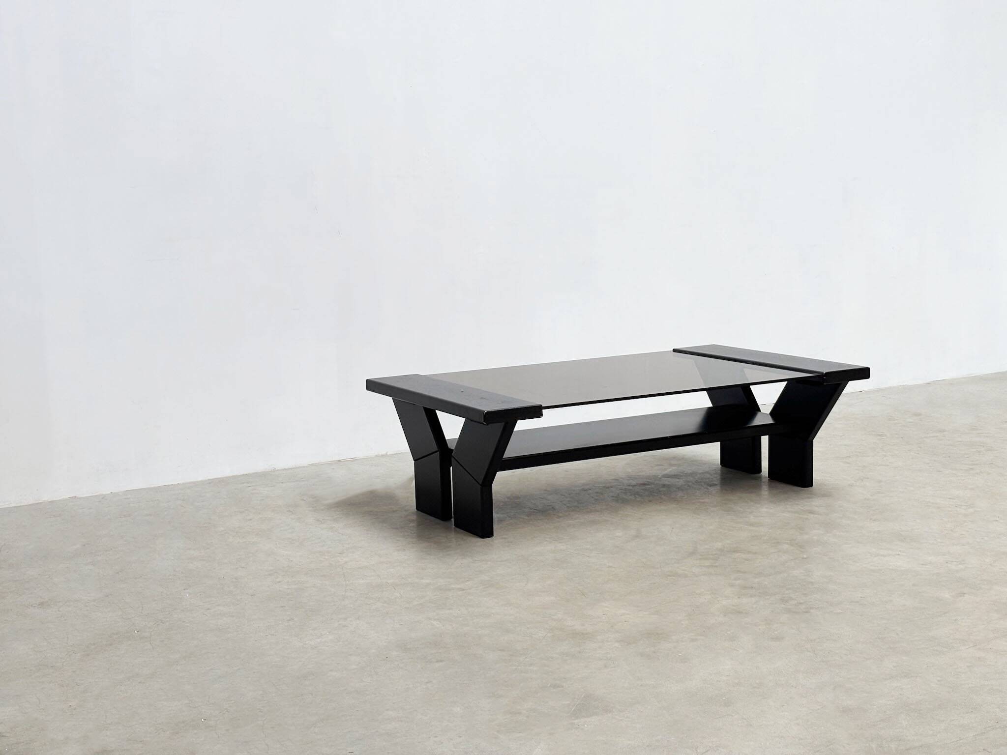 Black lacquered brutalist coffee table
