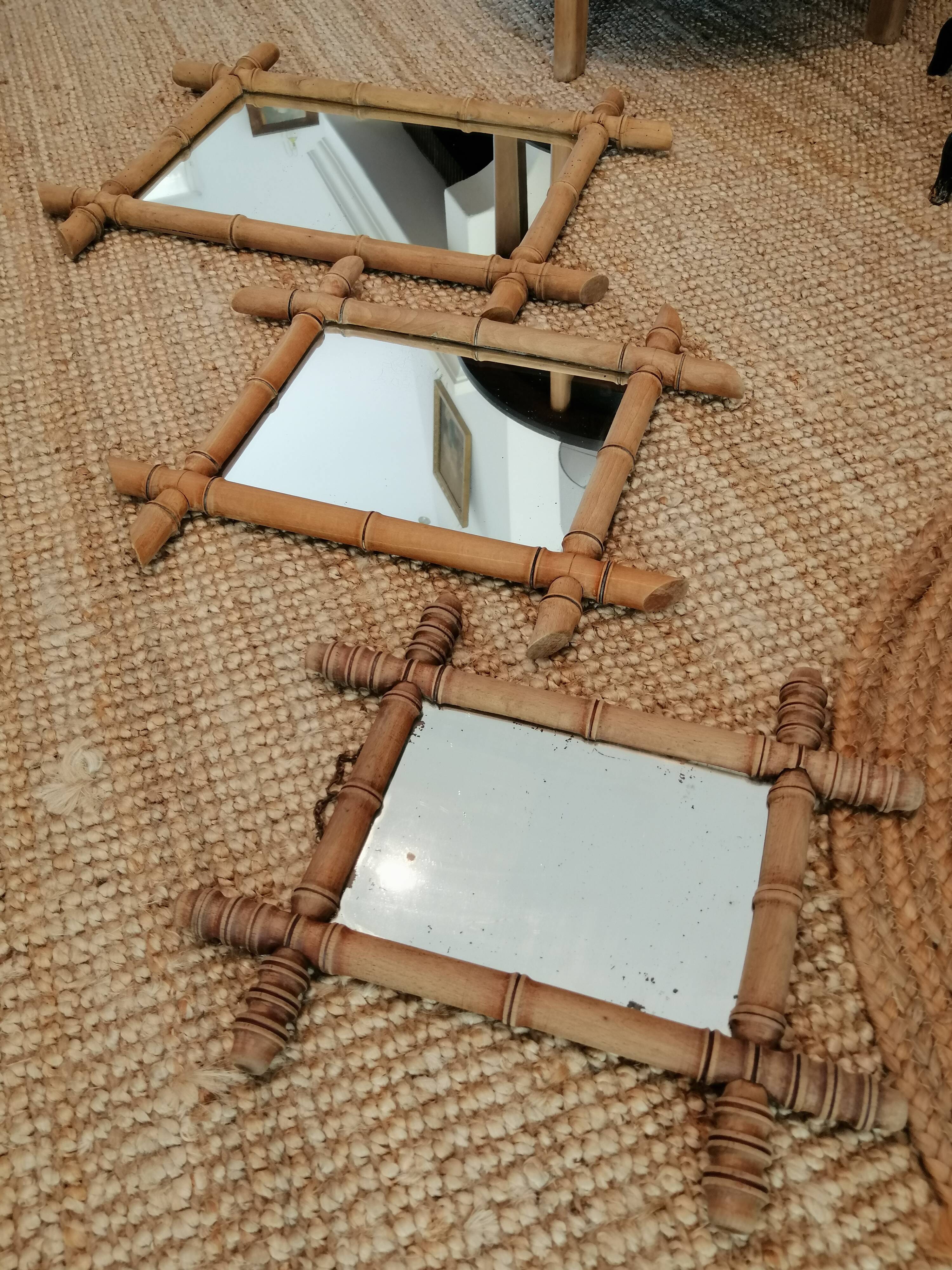Set of vintage wood mirrors bamboo effect