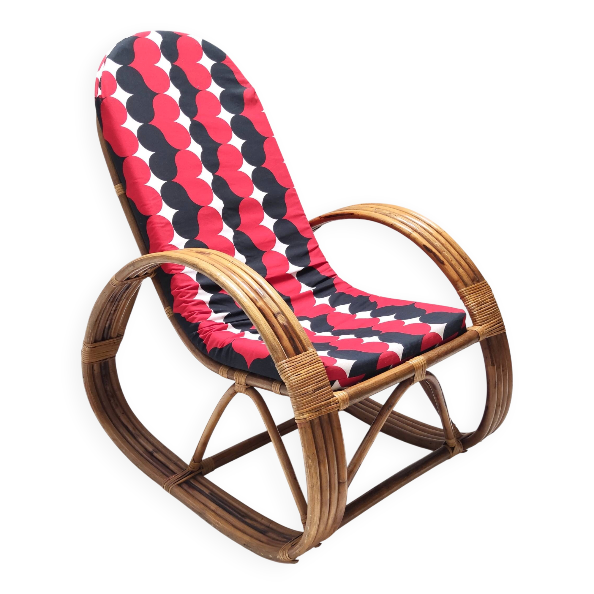 1970s Postmodern Bamboo Rocking Chair with Vintage Fabric Cushion