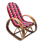 1970s Postmodern Bamboo Rocking Chair with Vintage Fabric Cushion