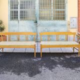 Banc en hêtre avec assise en tissu à carreaux Italie années 1950