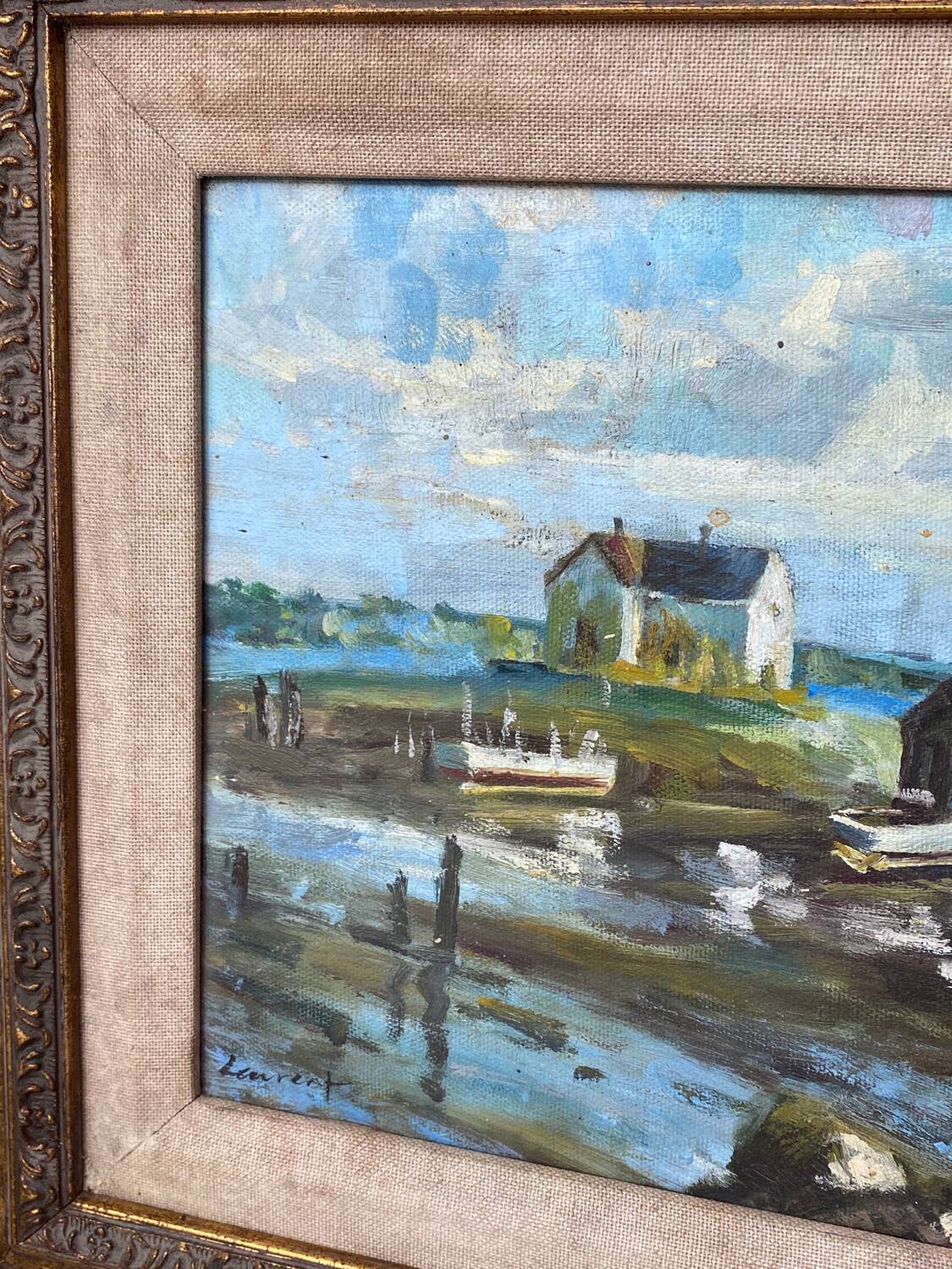 Oil on canvas, seaport scene