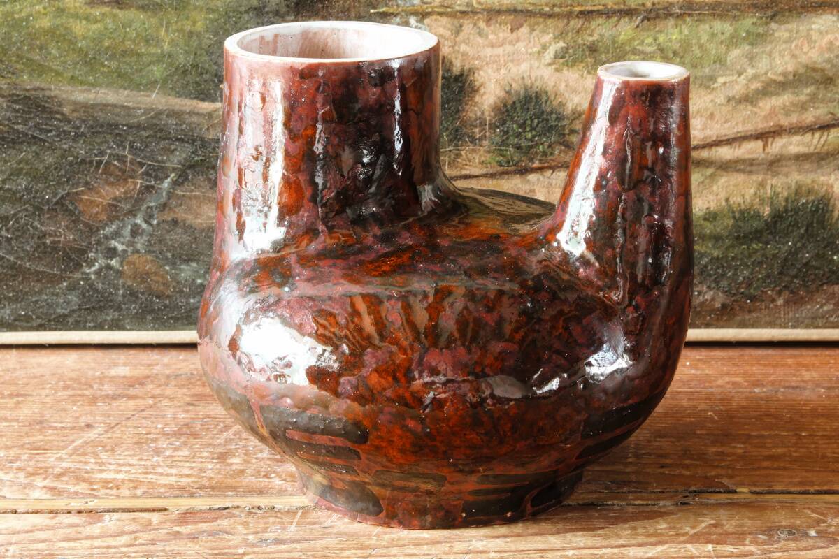 Raw double-neck vase, flame-formed ceramic, monogram JA, 1950s-60s.
