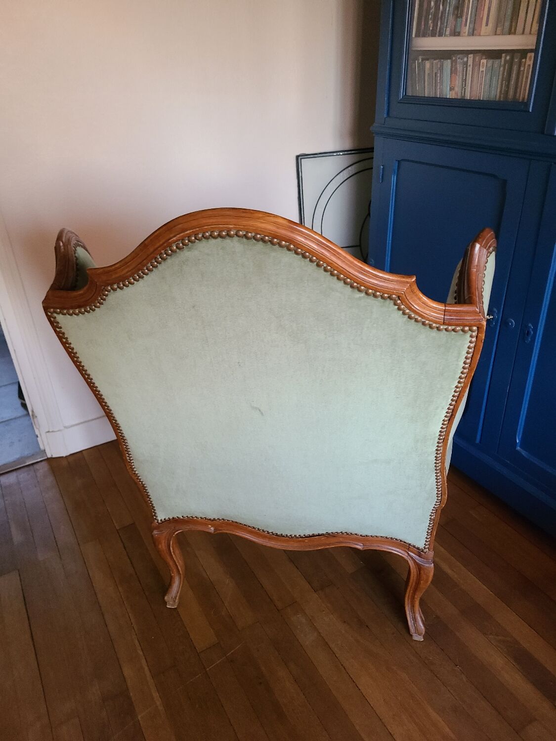 Vintage Louis XV style wing chair, light green velvet
