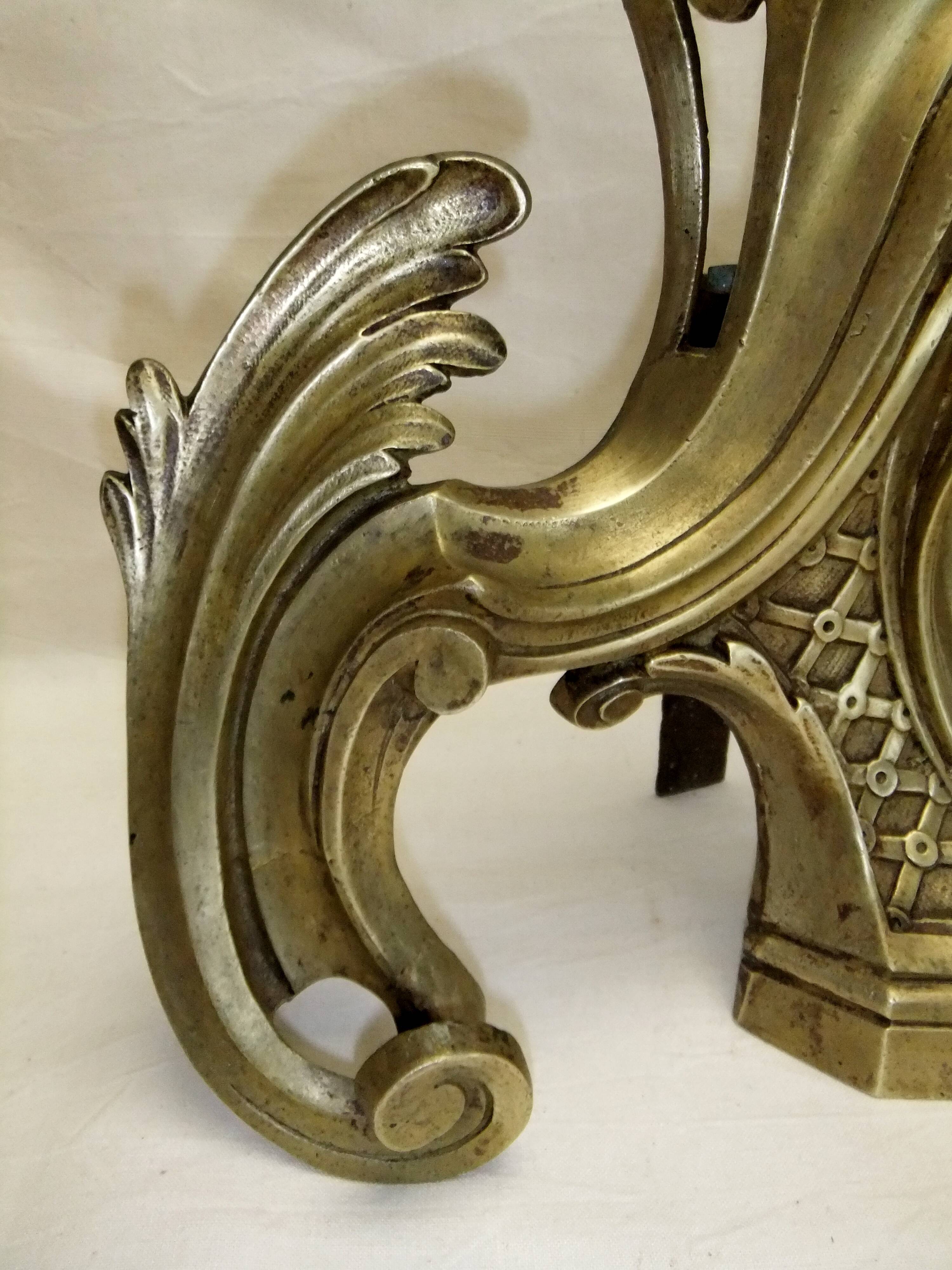 Old bronze andiron pair XVIII decor leaf accessory fireplace trim