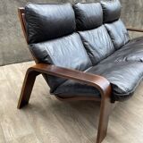 Scandinavian wooden and leather sofa, 1970s