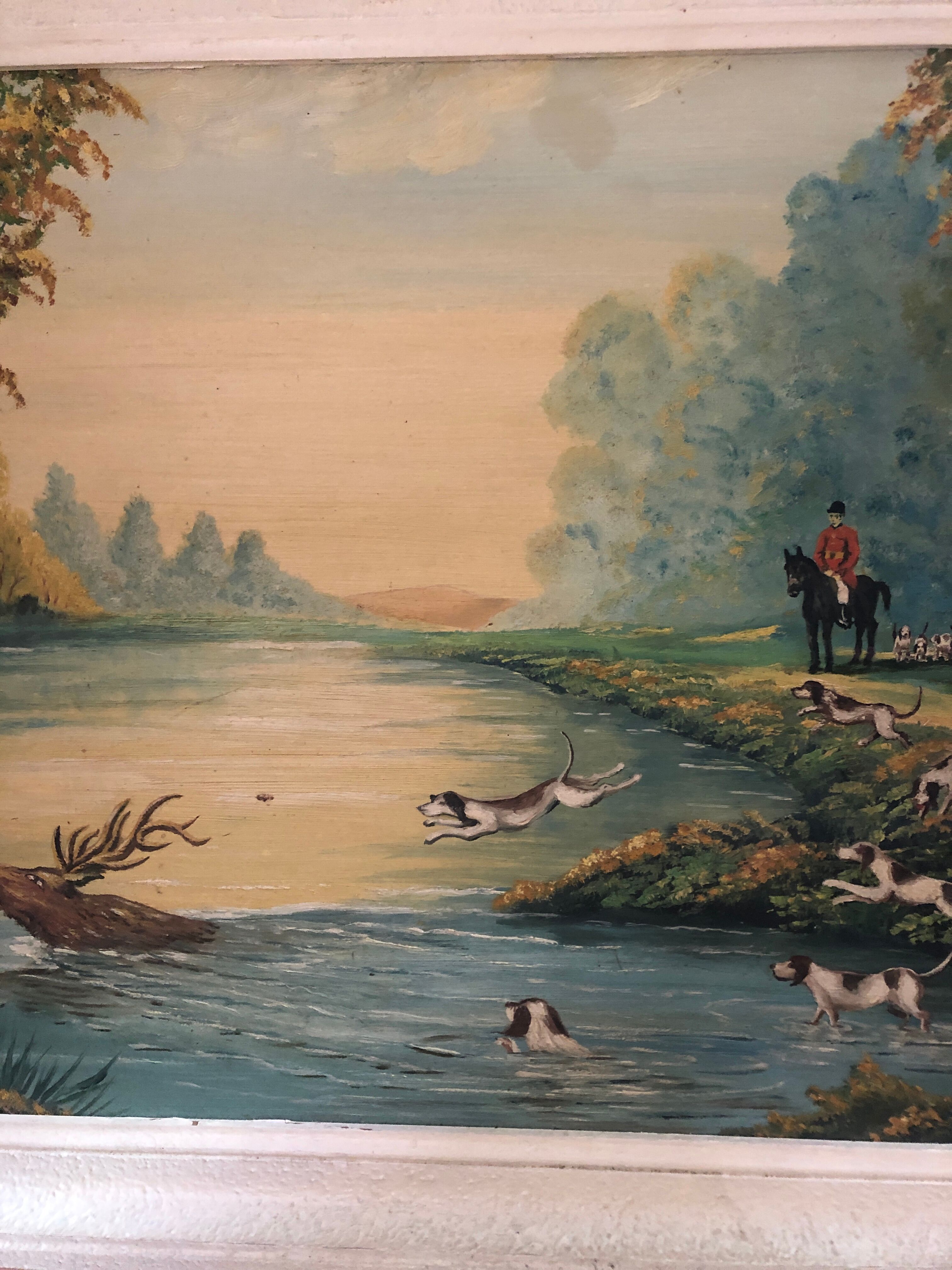 Old painting oil on panel p. foy hunting to court + frame wood white vintage