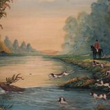 Ancien tableau huile sur panneau p. foy chasse à cour + cadre bois blanc vintage