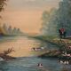 Ancien tableau huile sur panneau p. foy chasse à cour + cadre bois blanc vintage