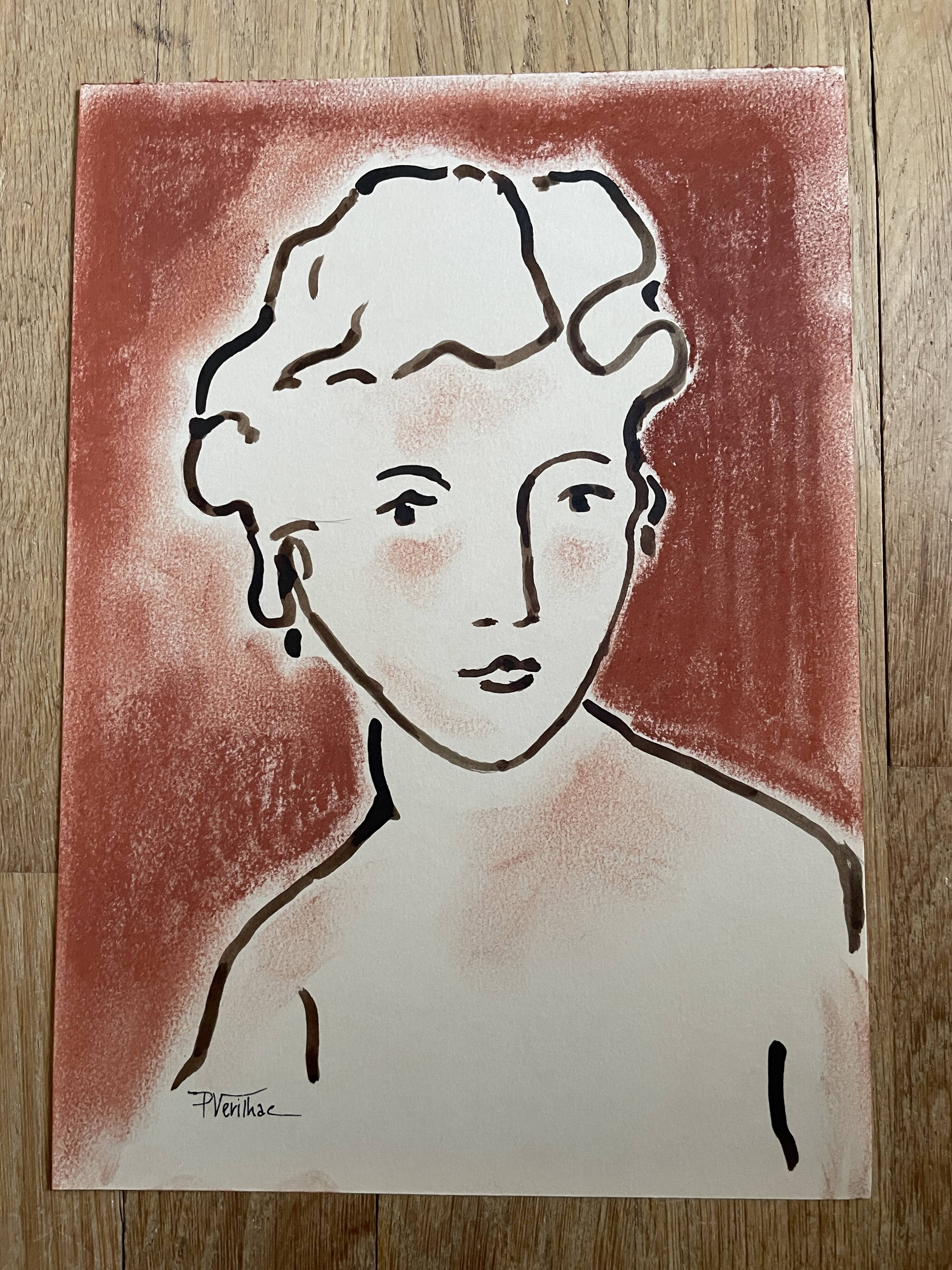 Painting signed Chinese ink and pastel female portrait “study”