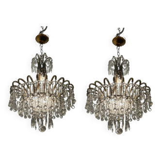 Pair of Crystal Beaded Murano Glass Drop Chandelier Set of 2 1950’s