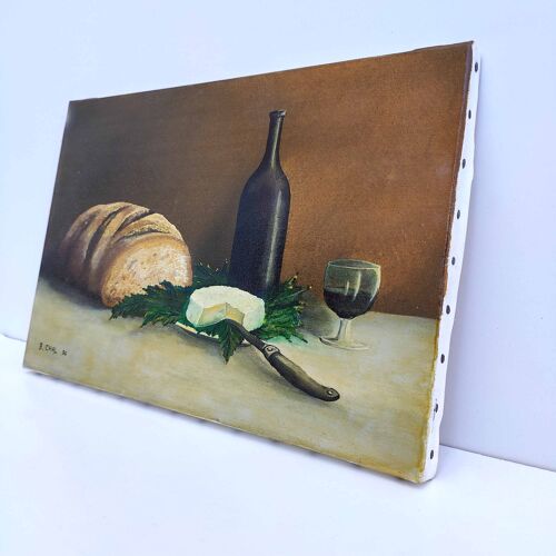 Peinture toile nature morte champêtre fromage vin et pain