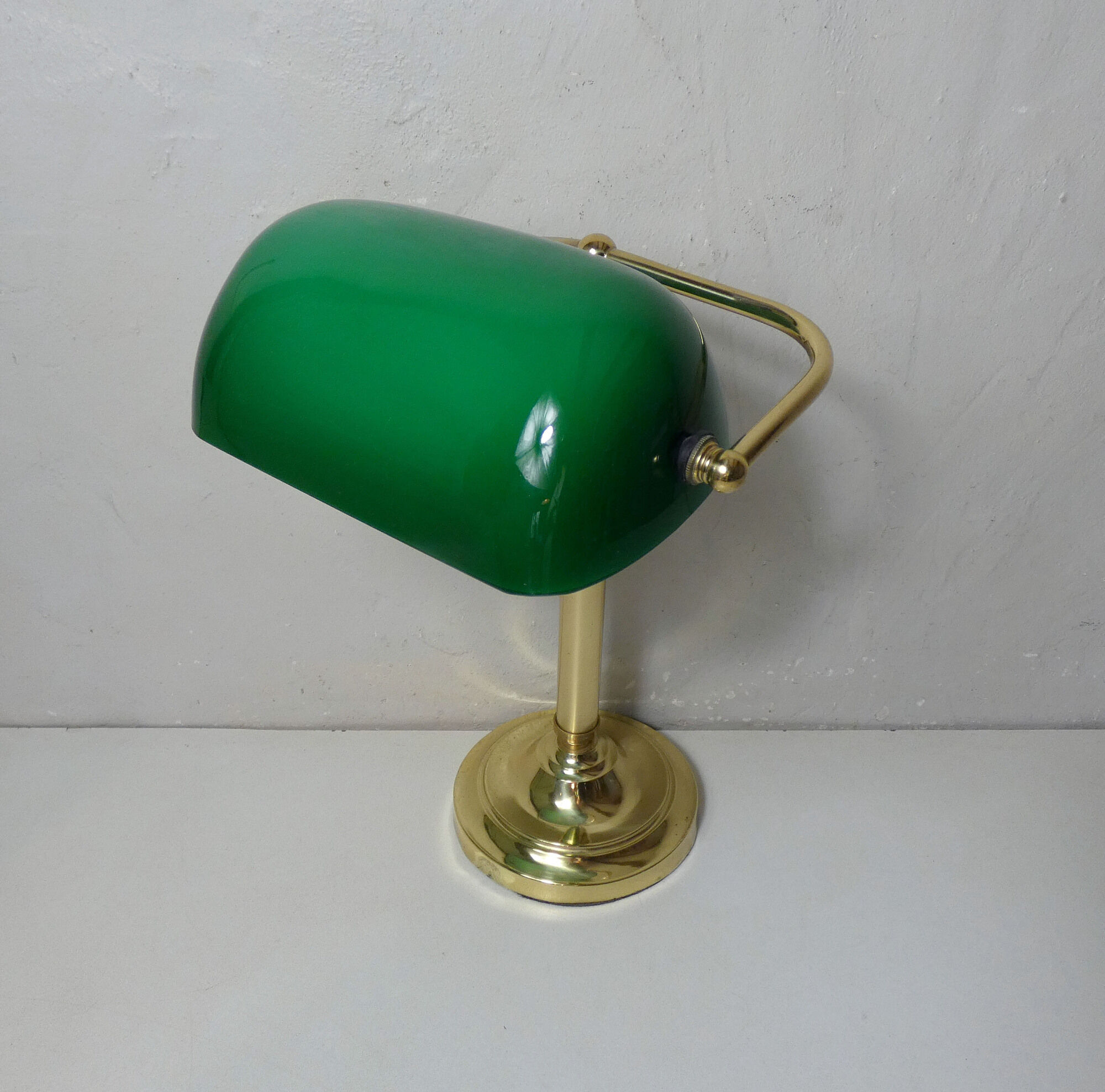 Brass green banker's lamp and vintage glass paste