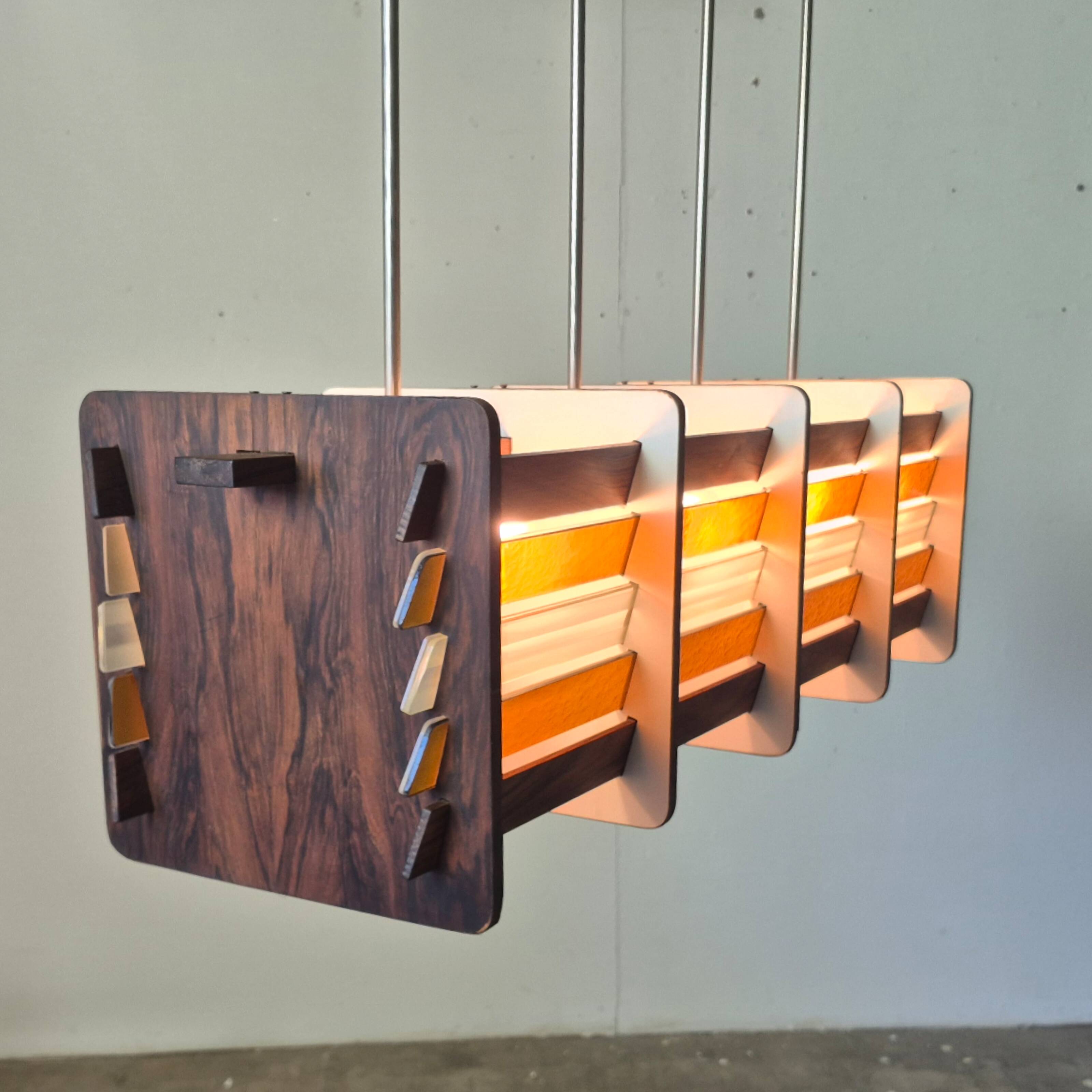 Mid century handcrafted wood and glass chandelier: Netherlands 1960s