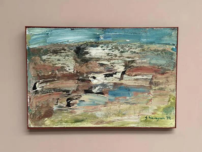 Huile sur toile originale suédoise - 'Komposition' par Yngve Werngren - Signée et datée 1974 - Vintage et encadrée - 53 × 36 cm (20,9" × 14,2")