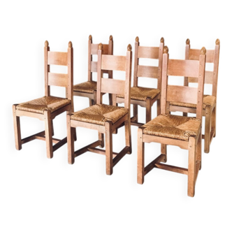 Handcrafted Oak and Rush Dining Chairs, Belgium, 1960s, Set of 6