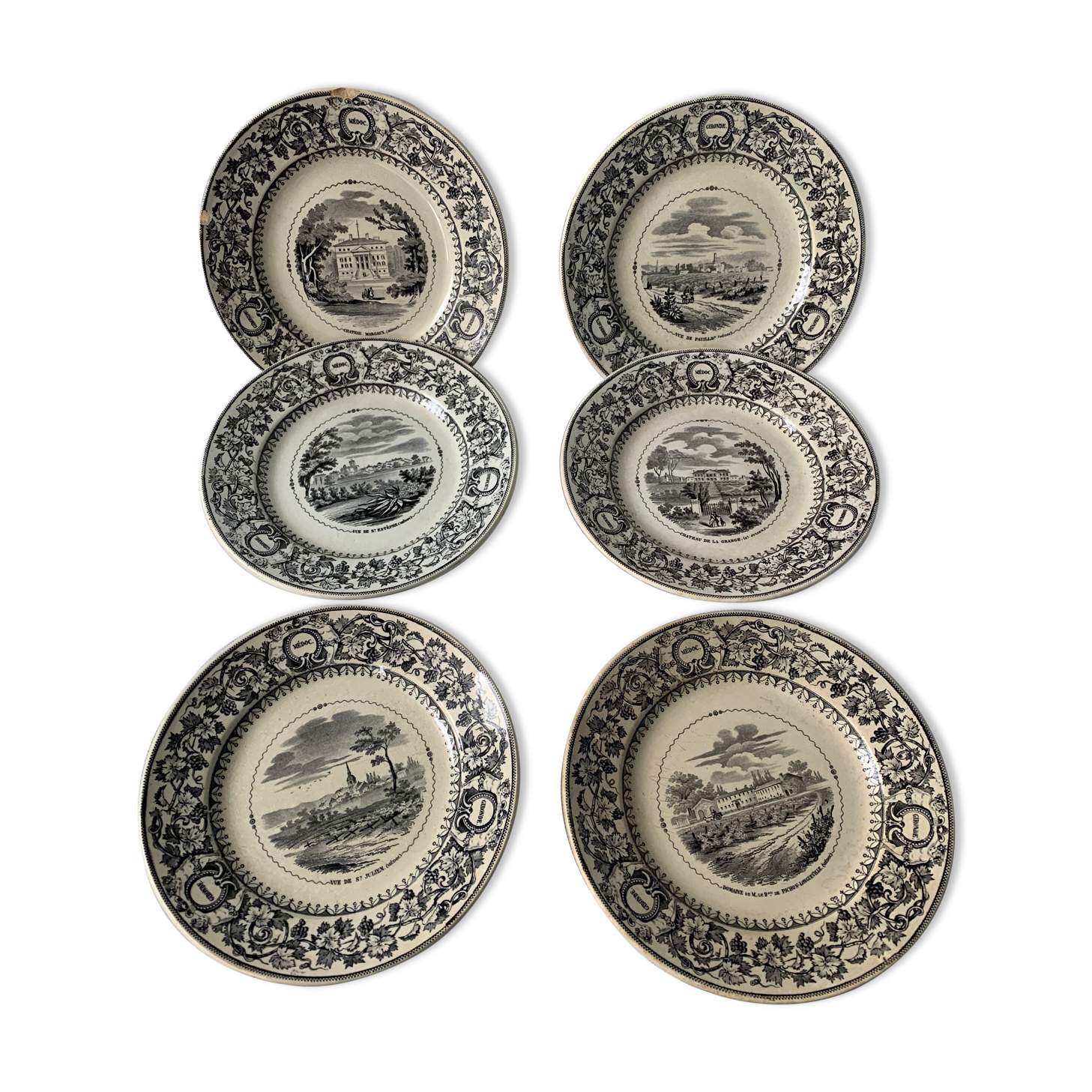 6 old dessert plates Old and Johnston Bordeaux 19th century Médoc and its castles