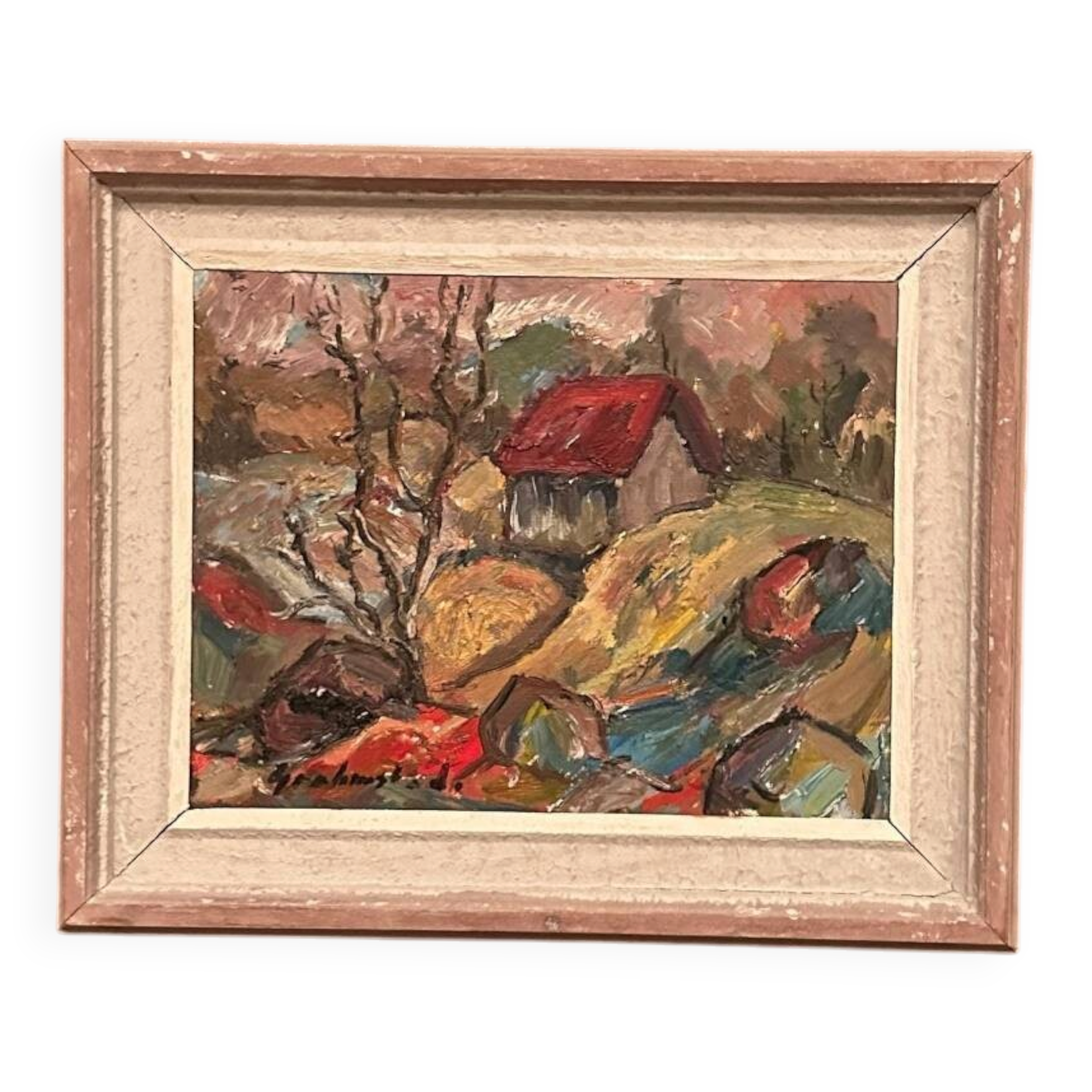 Swedish Oil on Canvas – “Cottage with a Red Roof” by Nils Grahmstad