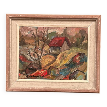 Swedish Oil on Canvas – “Cottage with a Red Roof” by Nils Grahmstad