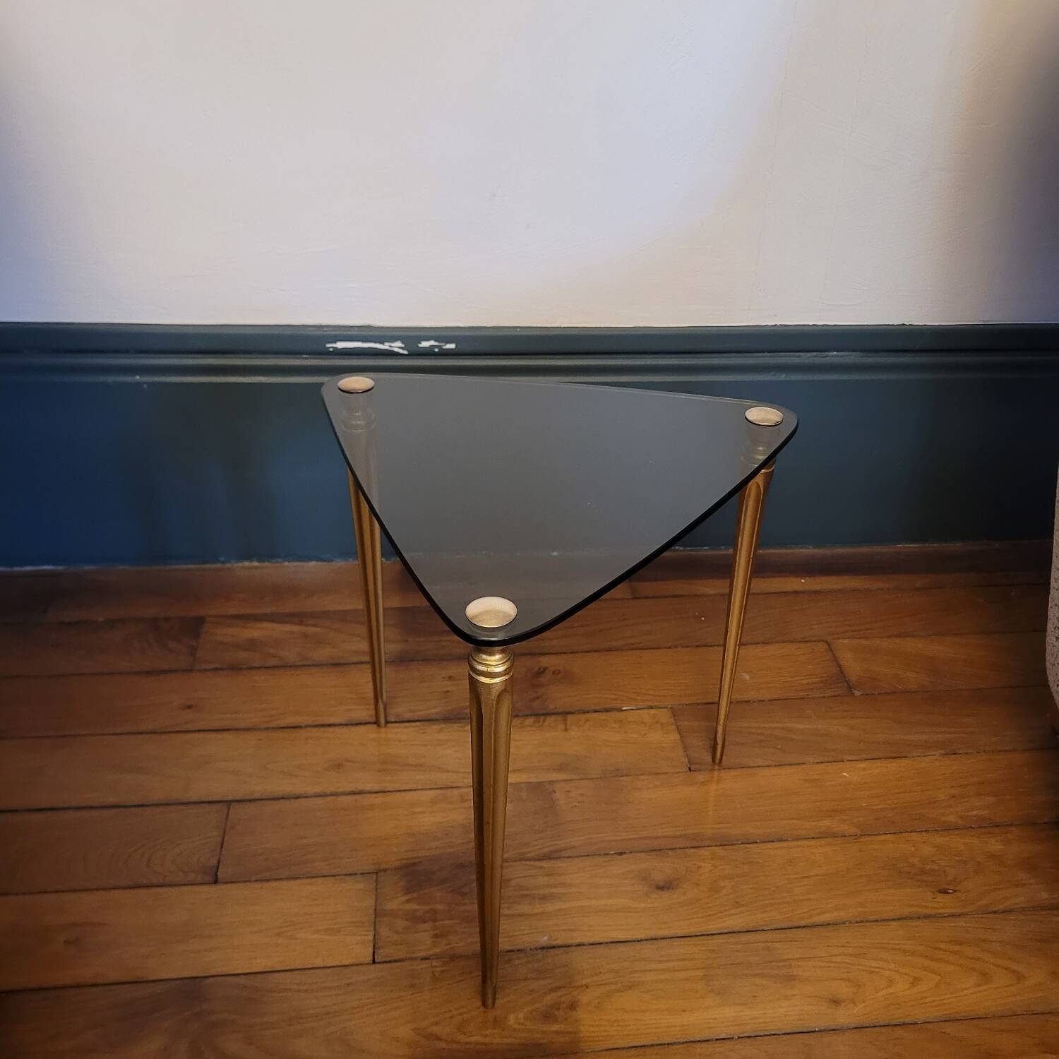 Tripod table in smoked glass – triangular top – 1950s–1960s