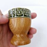 Set of 4 egg cups, salt shakers, pepper shakers and vintage wood and ceramic timer