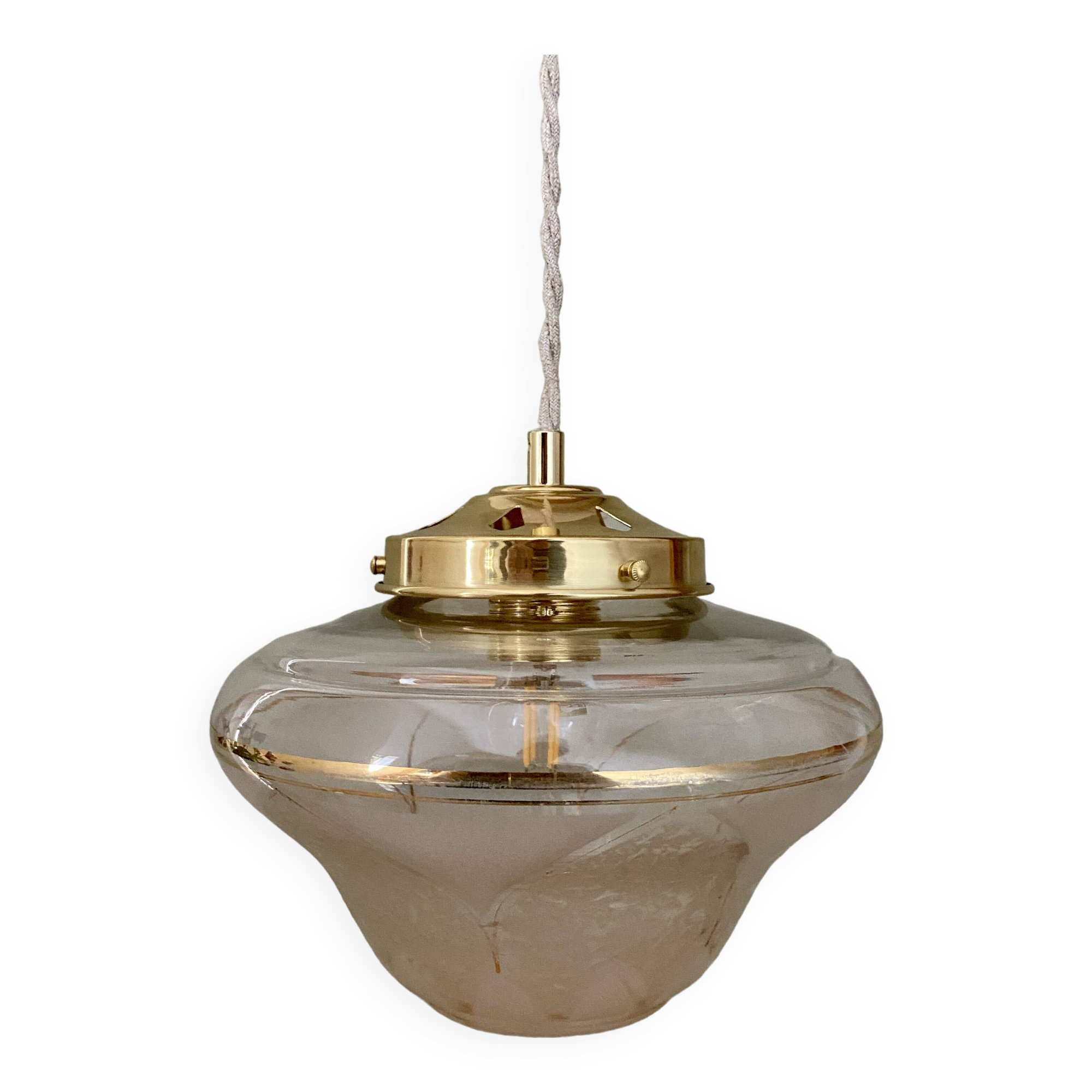 Vintage art deco globe pendant light in white and gold frosted glass