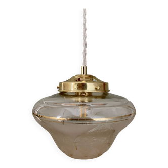 Vintage art deco globe pendant light in white and gold frosted glass