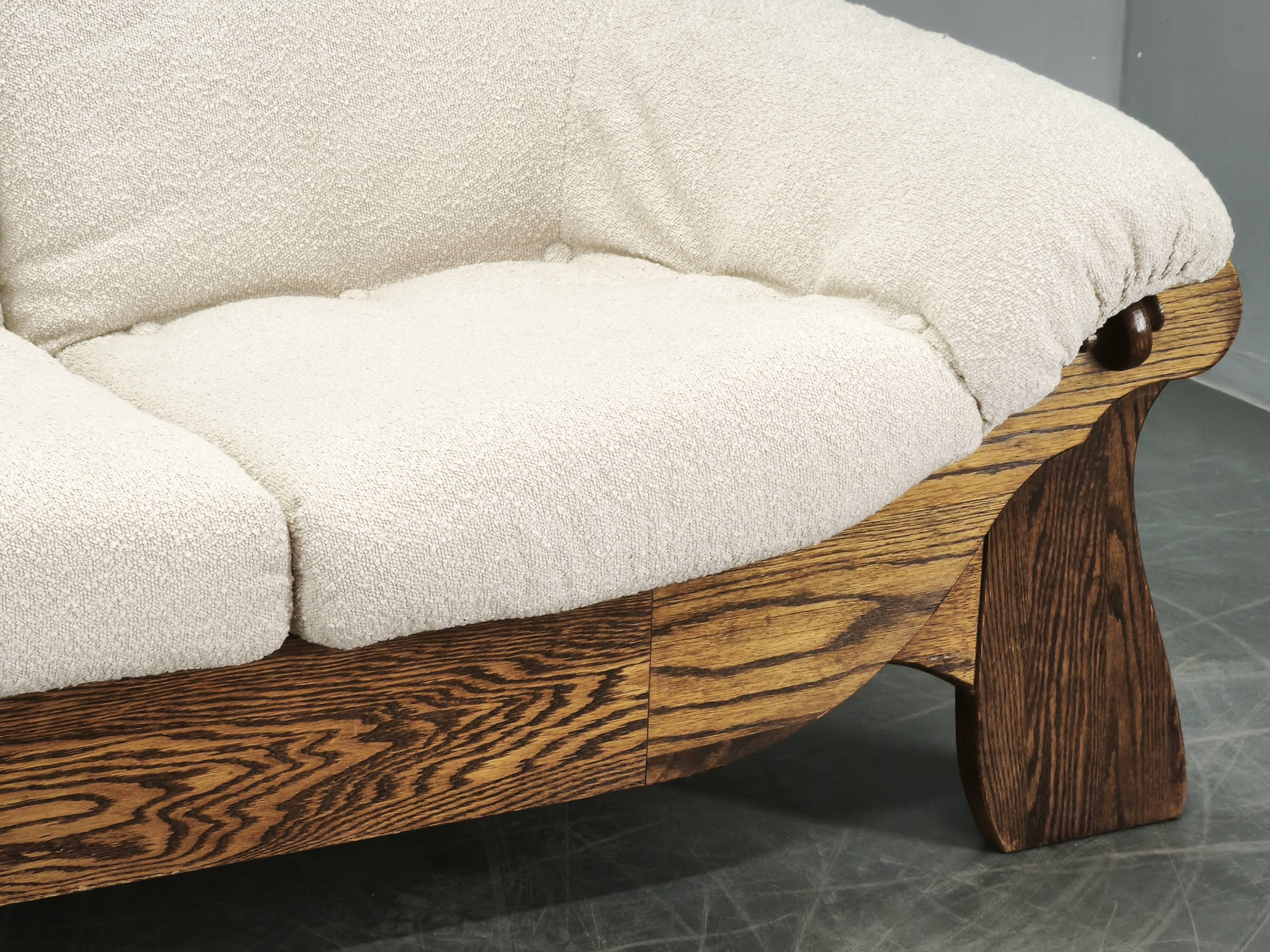 Brutalist Solid Oak and Bouclé Three-Seat Sofa, Czechoslovakia 1970s