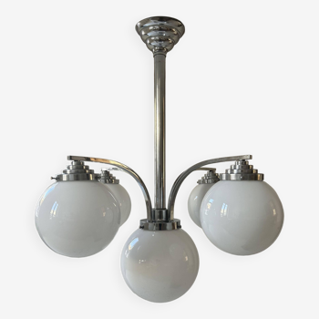 Modernist art deco chandelier, chrome and opaline metal, France 1930