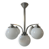 Lustre moderniste art déco, métal chromé et opaline, France 1930