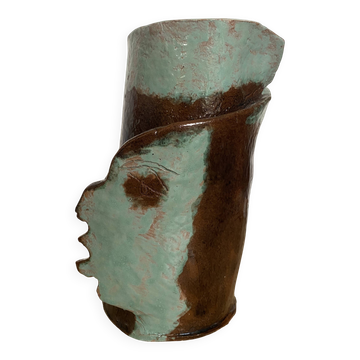 Artist's vase in glazed ceramic – abstract sculptural face