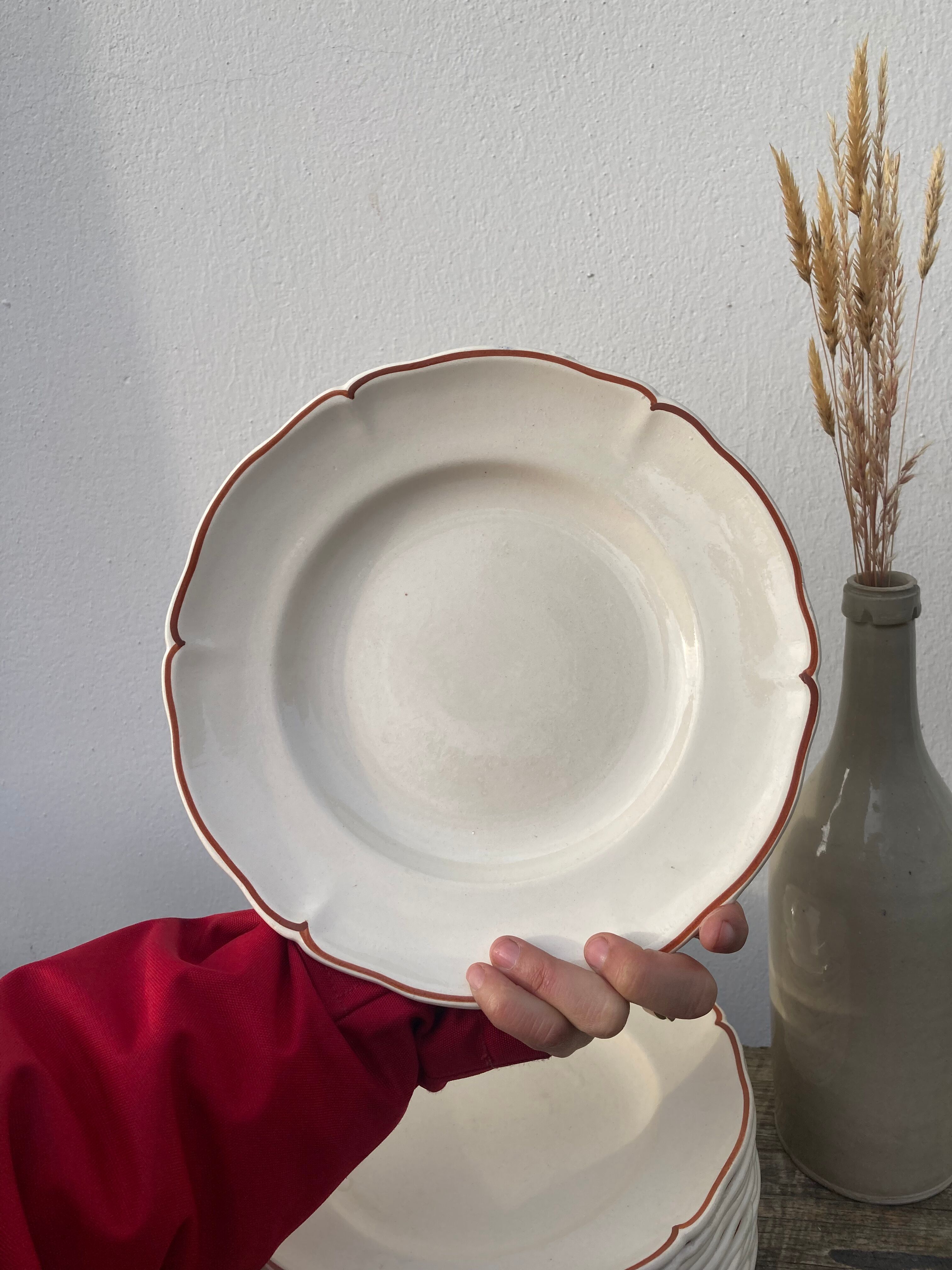 12 white old flat plates with brown fillet