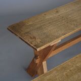 Pair of rustic cherry & oak wood Farmhouse X-frame benches, 1940s