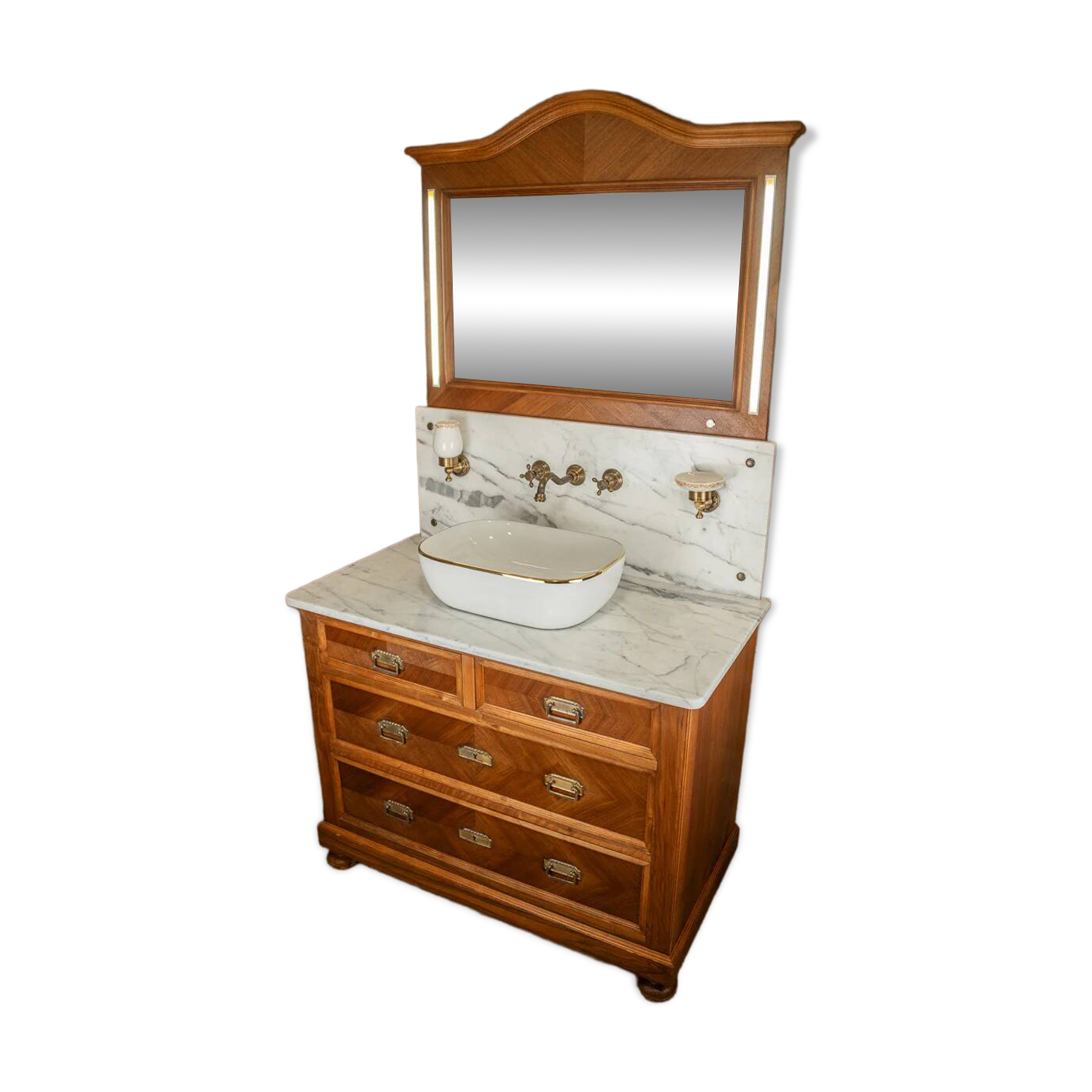 Antique washbasin cabinet from 1928 in wood and marble with a lighted mirror.