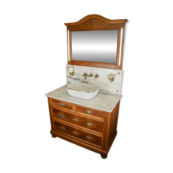 Meuble sous vasque ancien de 1928 en bois et marbre avec miroir éclairant