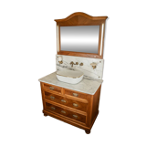 Antique washbasin cabinet from 1928 in wood and marble with a lighted mirror.