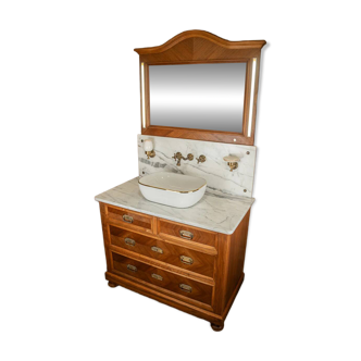 Antique washbasin cabinet from 1928 in wood and marble with a lighted mirror.