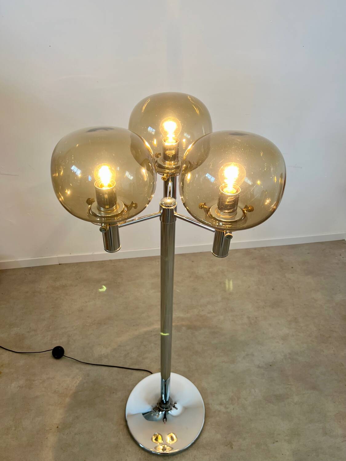 Old 3-light chrome and smoked glass floor lamp Italian design from the 70s vintage
