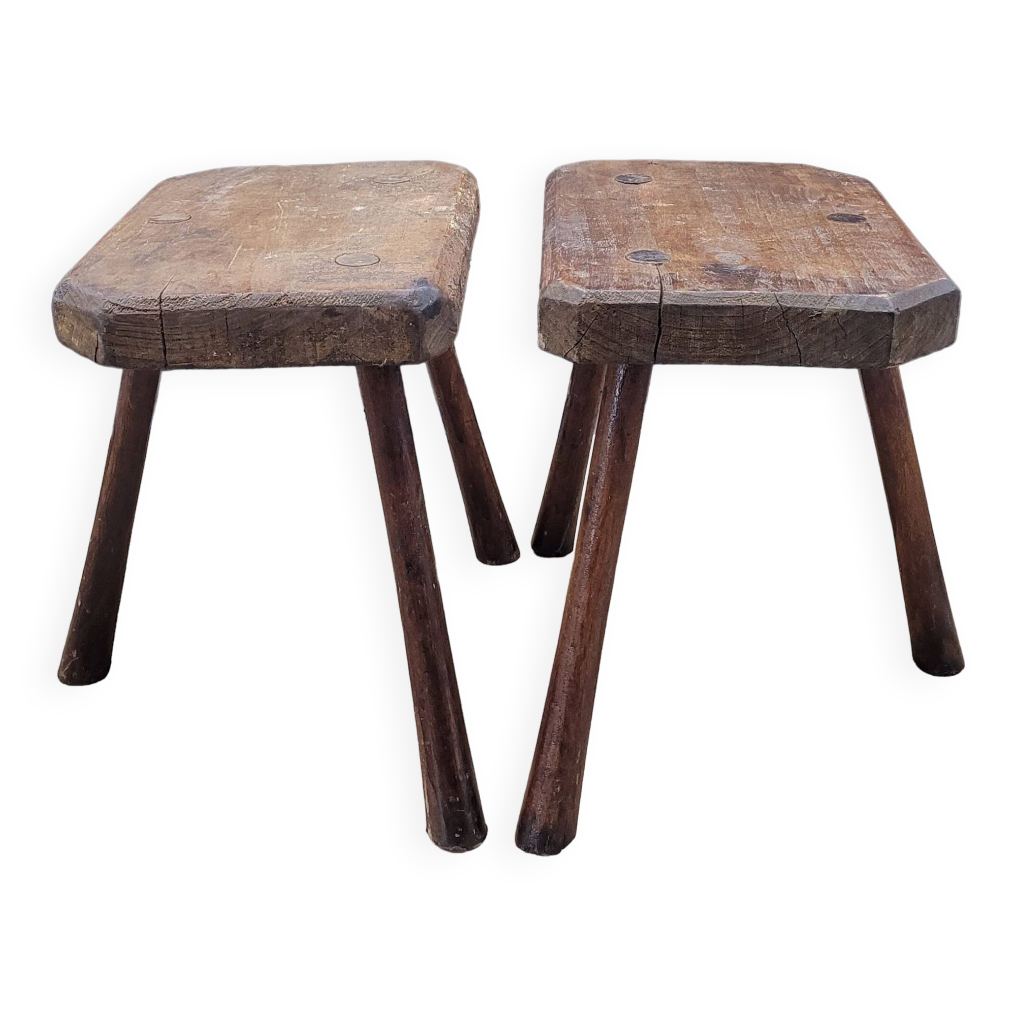 Pair of solid octagon cowhide tripod stools
