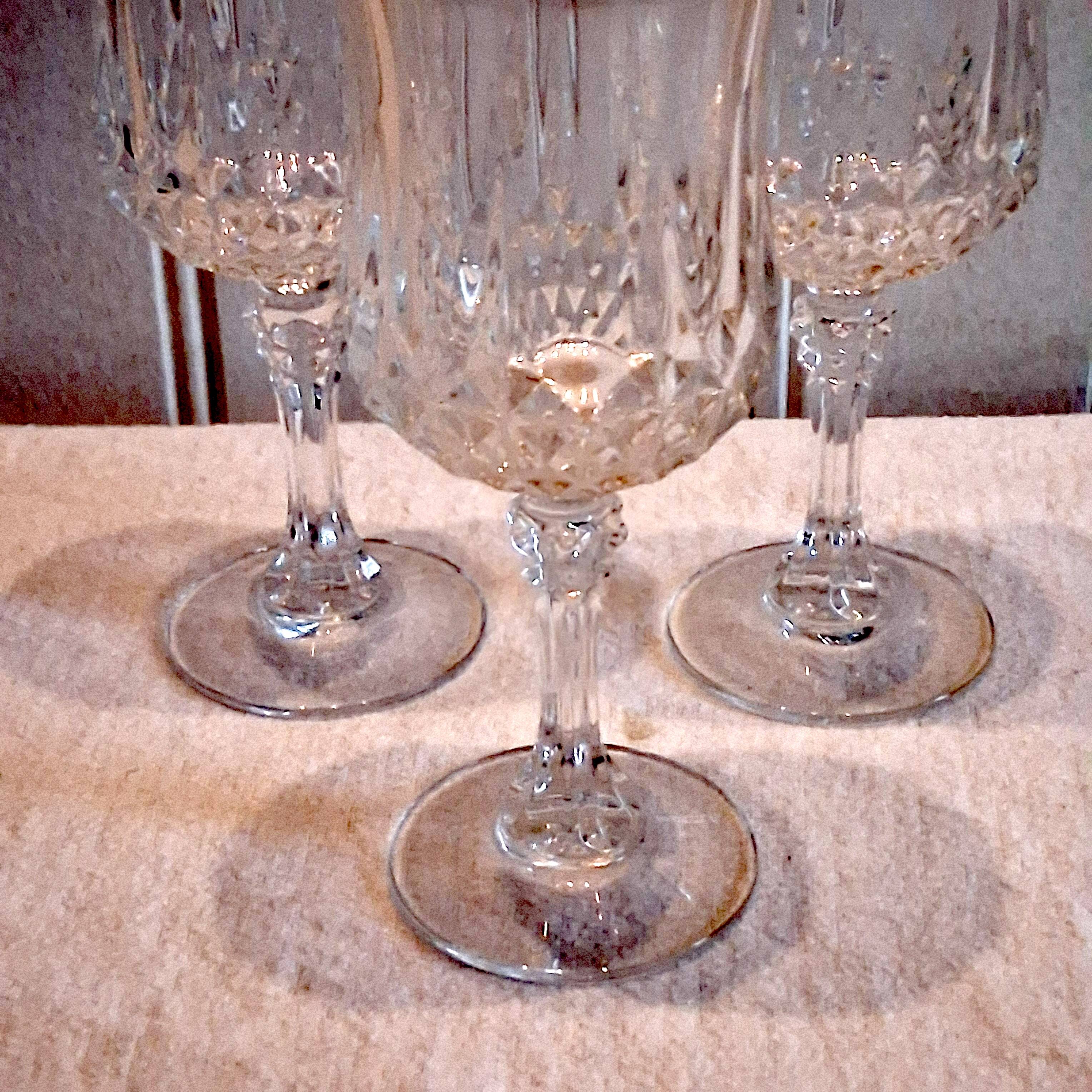 3 large crystal wine glasses in good condition