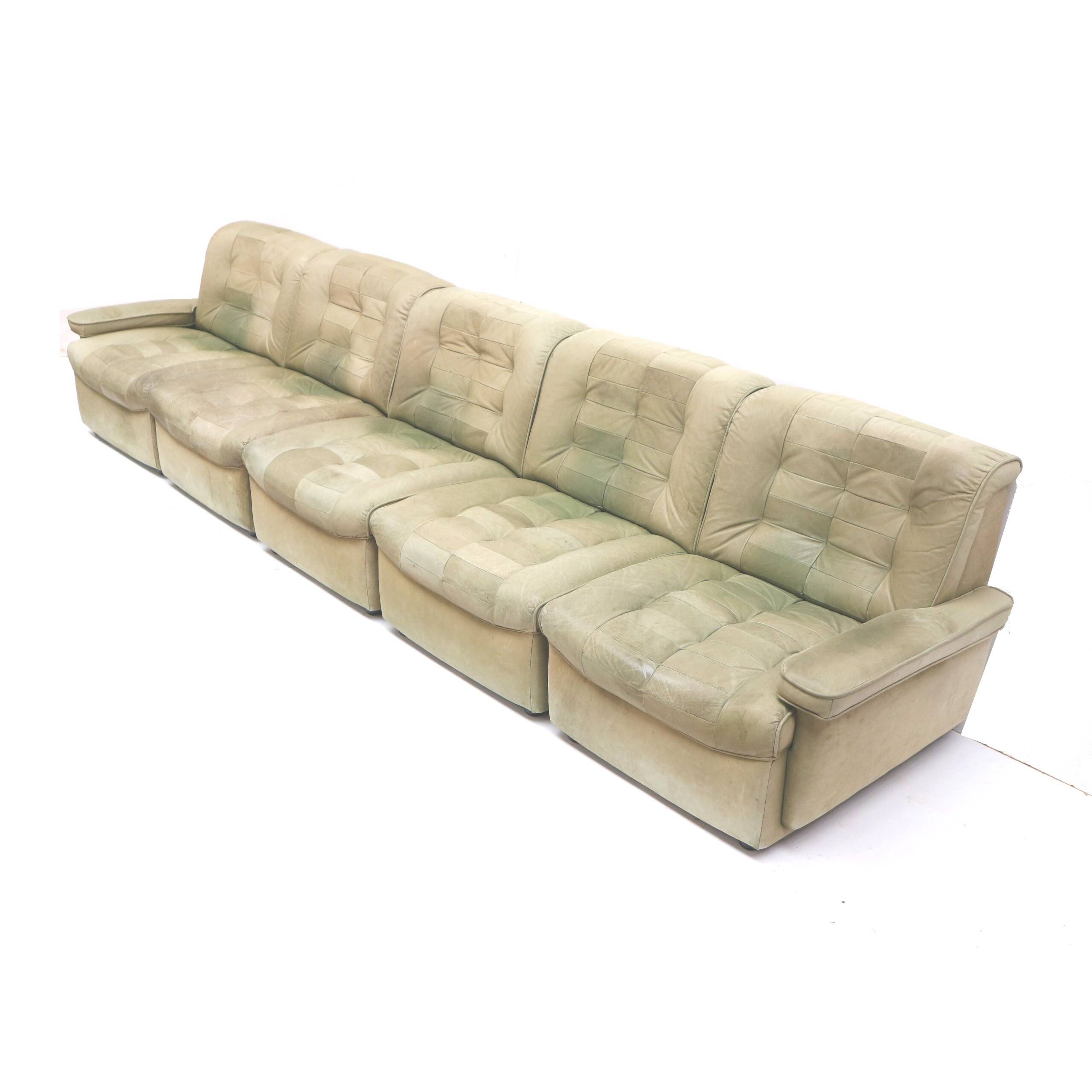 Large green vintage leather modular sectional sofa from the 1970s