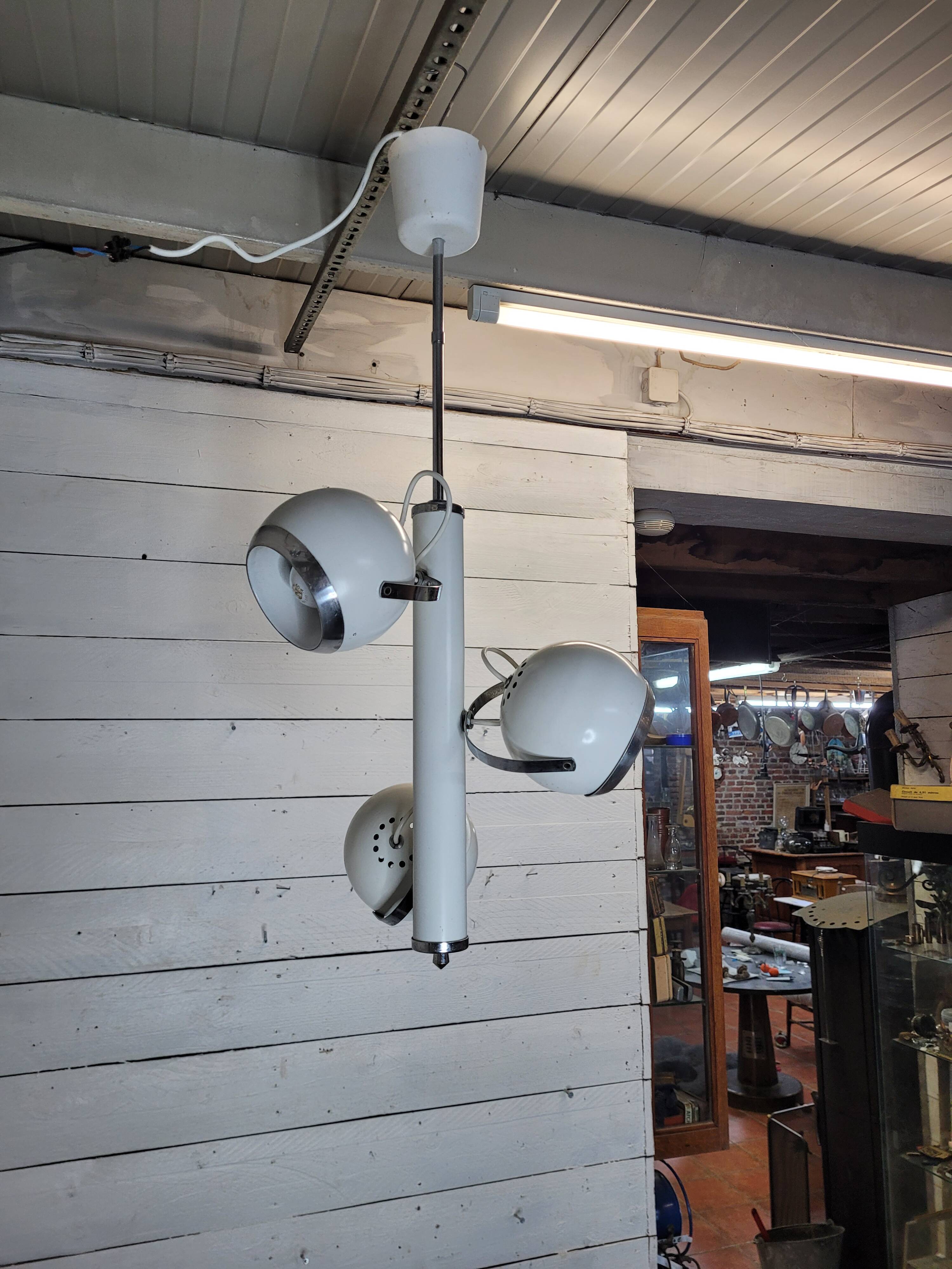 Vintage eyeball pendant chandelier with 3 lacquered reflectors