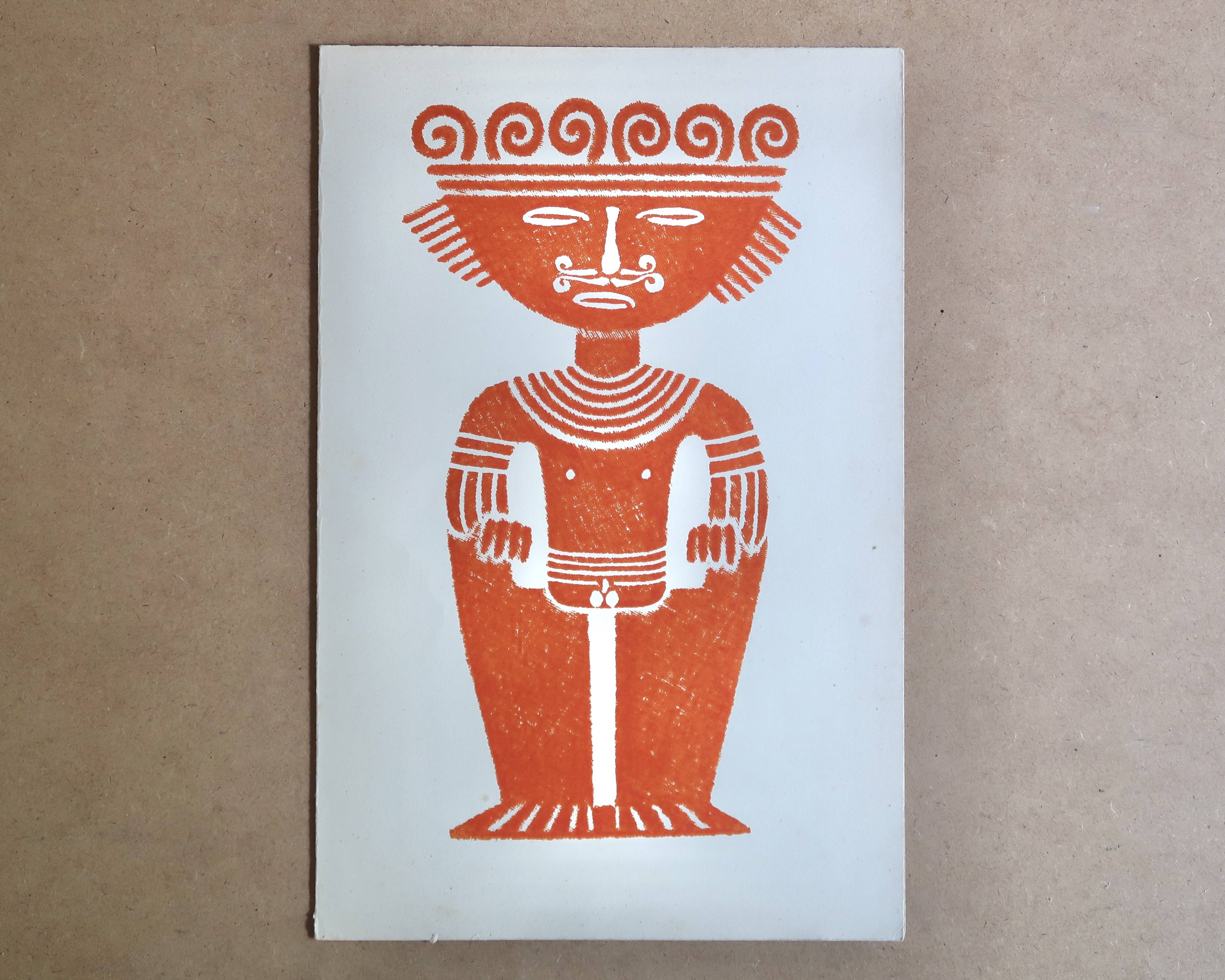 Original Pre-Columbian print, Aztecs Colombia folk 60s