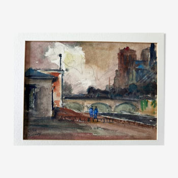 Aquarelle sur papier "Cathédrale Notre Dame de Paris, vue des quais" signé, André Duculty (1912-1990)